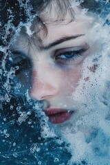 A woman's face breaks the surface of the water