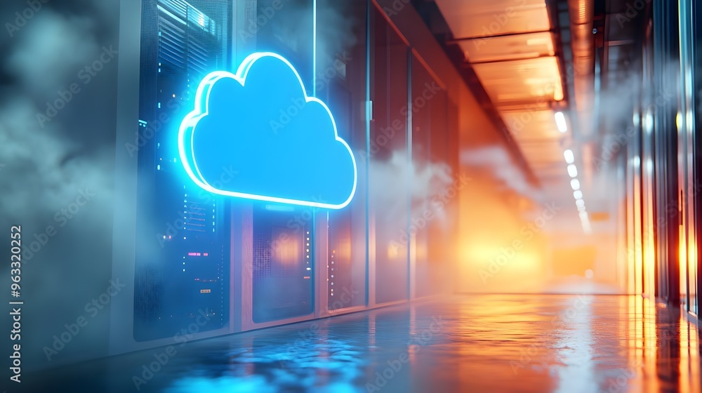 Poster a vibrant cloud symbol illuminated in a high-tech data center, surrounded by colorful lights and mis