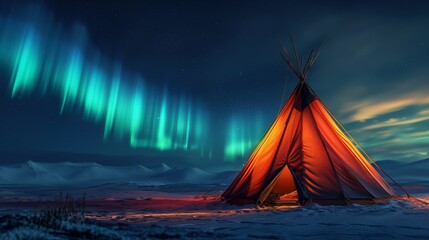 Northern Lights Sanctuary:  A glowing tipi beneath the ethereal dance of the aurora borealis, capturing the magic of the Arctic night. 
