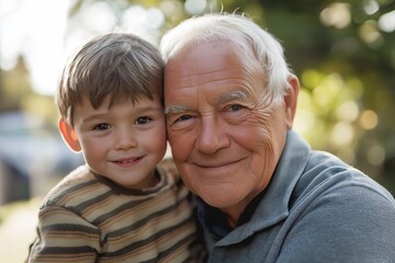 A heartwarming portrait of a grandfather and his grandson sharing a tender and loving moment outdoors in a sunny setting.
