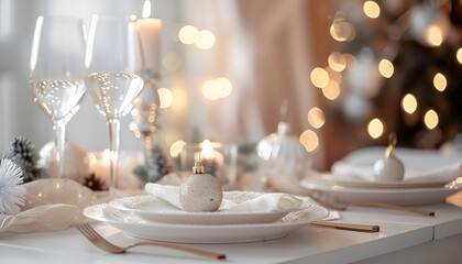 Table served for Christmas dinner in living room, close up view