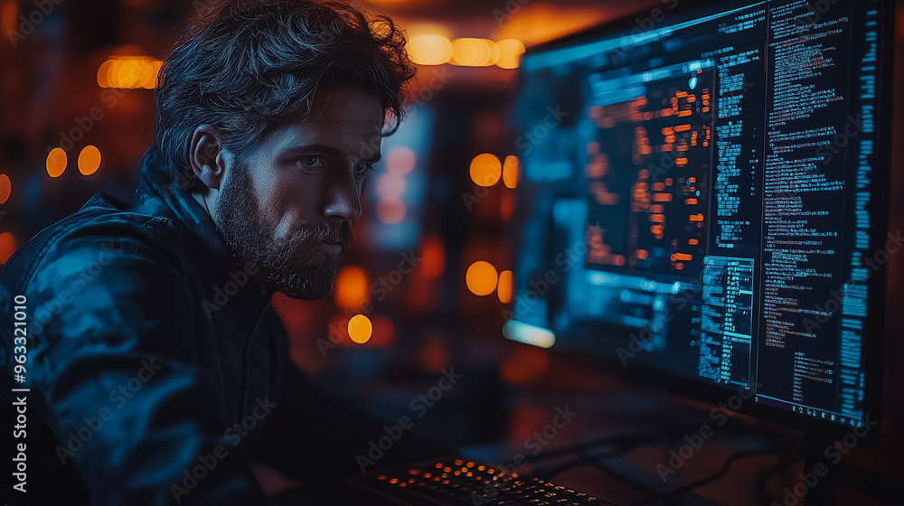 Poster a man is sitting in front of a computer monitor with a beard and a serious expression. he is typing 