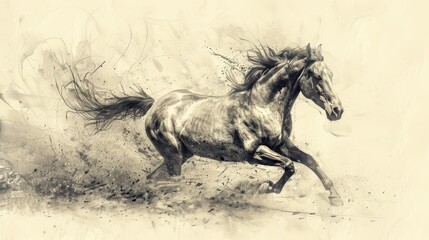 A dynamic sketch of a horse galloping through a dusty landscape, showcasing strength, grace, and motion in a unique artistic style.