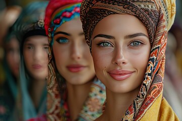 Fototapeta premium Three women wearing colorful scarves and headscarves are smiling for the camera