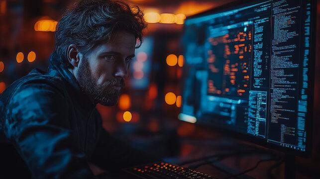 A man is sitting in front of a computer monitor with a beard and a serious expression. He is typing on a keyboard and looking at the screen