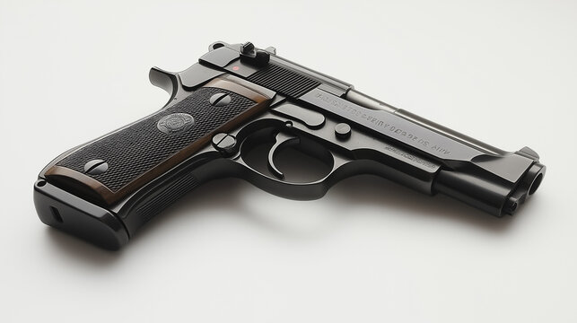 A black and brown gun with a black grip. The gun is on a white background