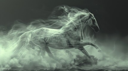 A majestic horse in motion, surrounded by ethereal mist, capturing the essence of freedom and grace in a surreal atmosphere.