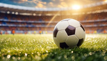 Naklejka premium Soccer ball on a wet grassy field in a stadium, with sunlight illuminating the scene.