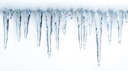 Detailed icicles hanging against a solid white background. Crisp, cold, and clear representation of winter.