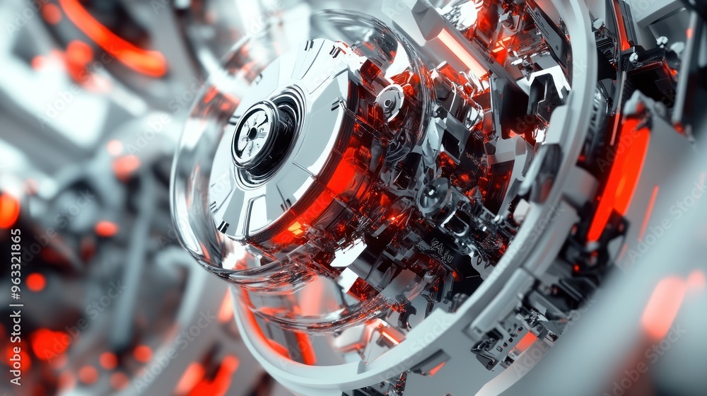 Poster close-up of a glowing red and silver mechanical device