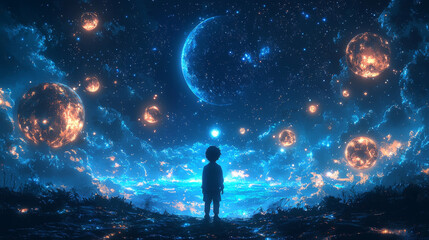 A young child gazes up in awe at a celestial display.