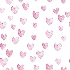 A playful pattern featuring hand-drawn pink hearts on a white background, perfect for romantic or cheerful designs.