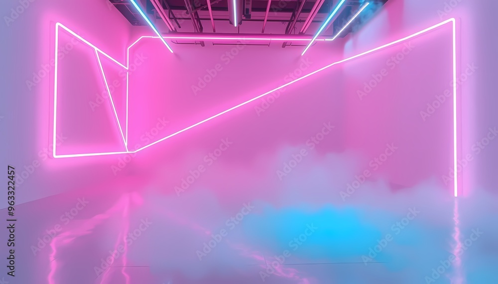 Wall mural Abstract Neon Installation with Pink and Blue Light Rods and Glossy Wet Floor