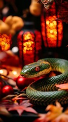Obraz premium Green snake surrounded by red lanterns and fall leaves for halloween
