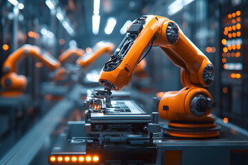 A modern factory where robotic arms work in perfect harmony. This image captures the precision and efficiency of advanced manufacturing. Metal surfaces and clean lines make the machines stand out.