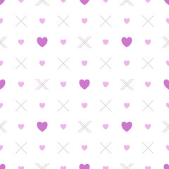 In this seamless pattern, a pastel purple heart is placed on a white background, surrounded by smaller purple hearts, and thin cross lines are placed to make the design less crowded and more appealing