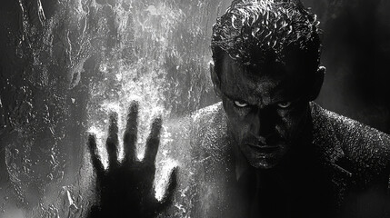 Man with intense gaze behind a wet surface.