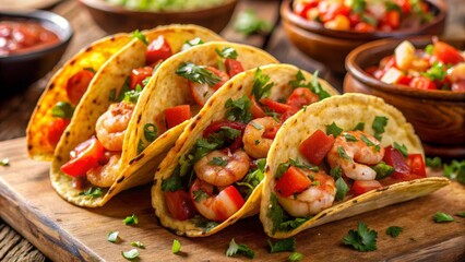 Delicious shrimp tacos topped with fresh tomatoes and cilantro on a rustic wooden board. Perfect for food lovers and culinary photos.