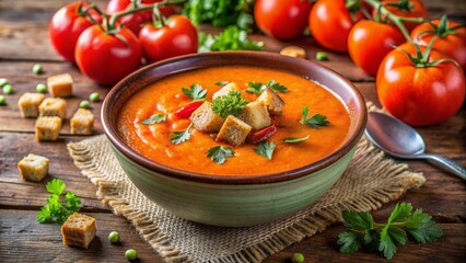 Delicious tomato soup garnished with herbs and croutons, served in a rustic bowl with fresh tomatoes in the background.