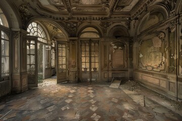 Fototapeta premium Once opulent palace ballroom now lays forgotten and crumbling, nature slowly reclaiming the decaying space
