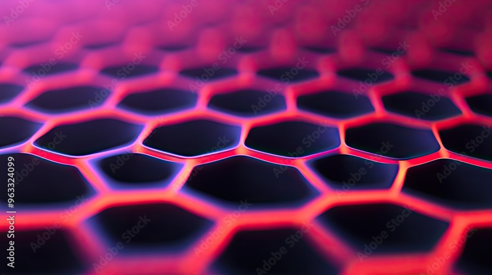 Poster abstract close-up of a vibrant hexagonal pattern, featuring glowing edges in shades of purple and re