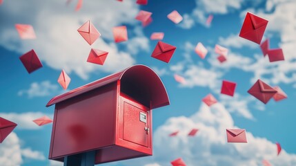 3D red mailbox with flying envelopes against a simple backdrop, representing mail delivery and communication in a bold, vibrant design.