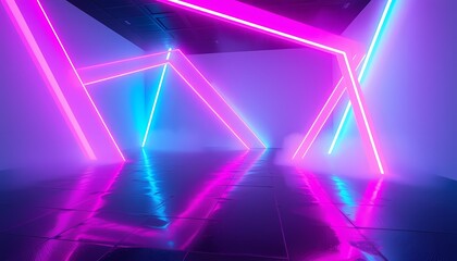 Fototapeta premium Abstract Futuristic Installation with Neon Pink and Turquoise Beams and Wet Floor