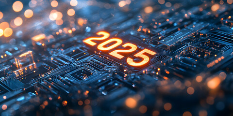 new year 2025 digital background with futuristic circuit board structure
