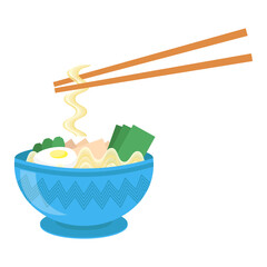 Vector japanese ramen soup. Asian food en blue plate. Noodles bowl. Oriental cuisine.