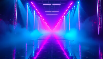 Fototapeta premium Sci-Fi Runway with Crisscrossing Neon Beams in Magenta and Cyan and Foggy Atmosphere