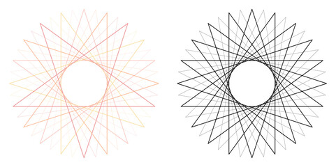 Geometrical spirograph star design pattern formed from thick and thin straight lines crossing