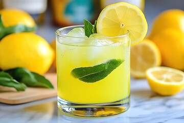 Fototapeta premium Squeezed lemon, rejuvenating drink, lemonade refreshment becomes the base for one of the most iconic and refreshing drinks