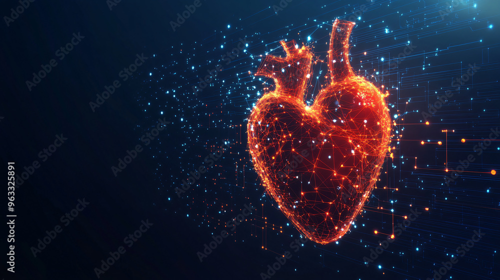 Poster glowing digital heart made of connecting lines and dots symbolizing healthcare technology and innova