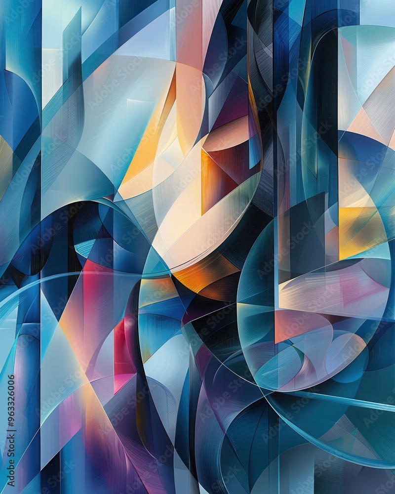 Poster abstract composition of vibrant shapes and colors, creating a dynamic interplay of light and form fo