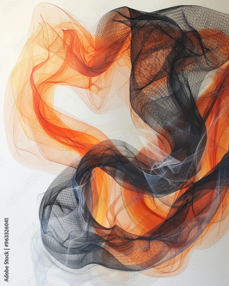 Poster abstract flow of translucent fabric in vibrant orange and black tones, creating a dynamic and artist