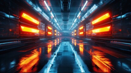 Fototapeta premium Large central object lit by neon lights in a dark, futuristic setting with wet reflective surfaces.