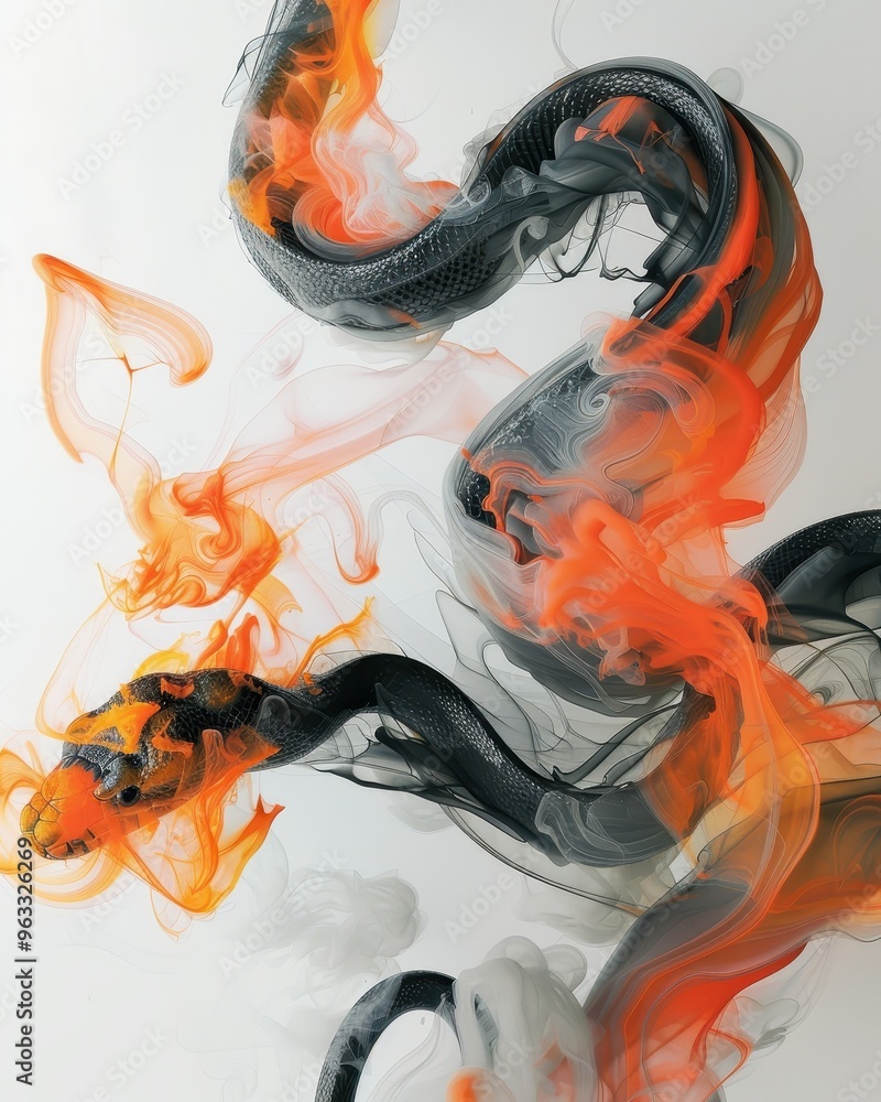 Poster an abstract representation of smoke swirling in orange and black, creating a mesmerizing and dynamic