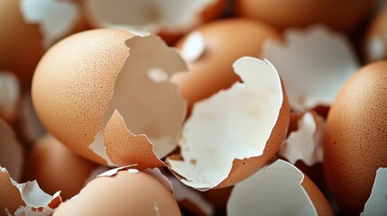Close-up view of broken eggshells, scattered randomly, symbolizing new beginnings or delicate fragility.