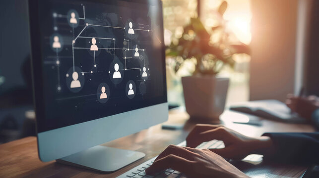 A person uses a computer with a network diagram on the screen, representing connection and collaboration.