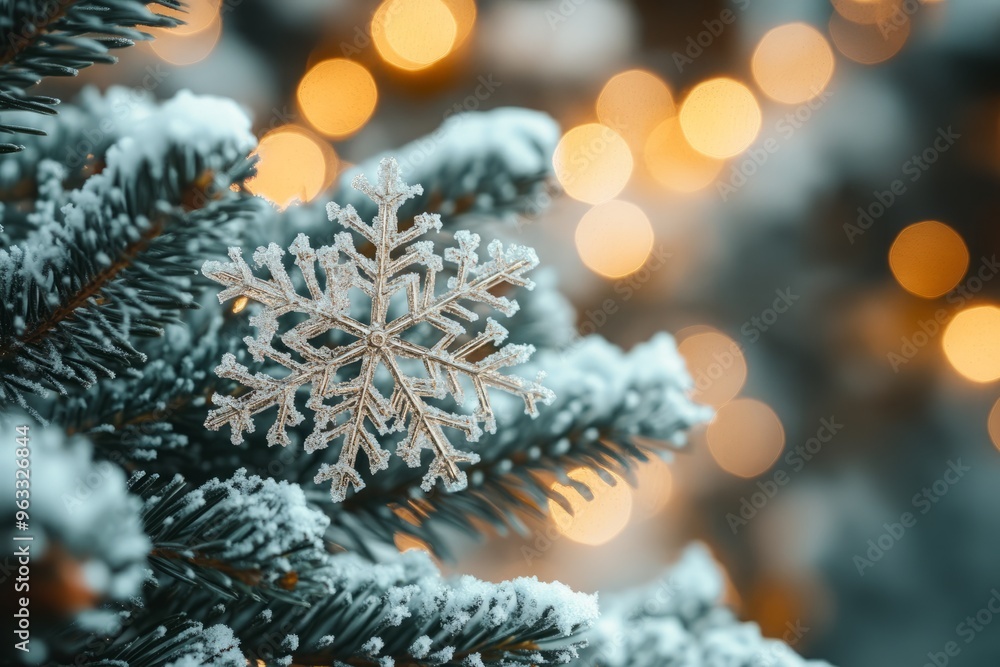 Poster a snowflake hangs on a frosted pine branch with warm bokeh lights in the background.
