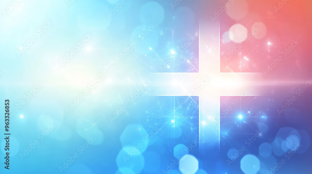 Poster bright cross is shining over a blue and red background with bokeh and lens flare effects