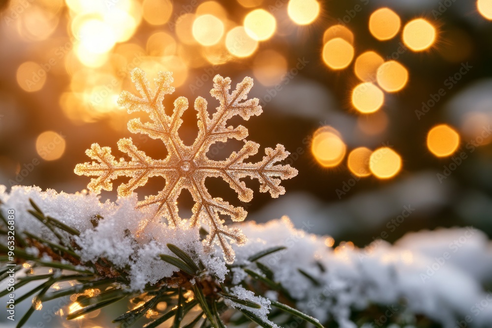 Poster a snowflake rests on a snowy pine branch with a warm bokeh background.