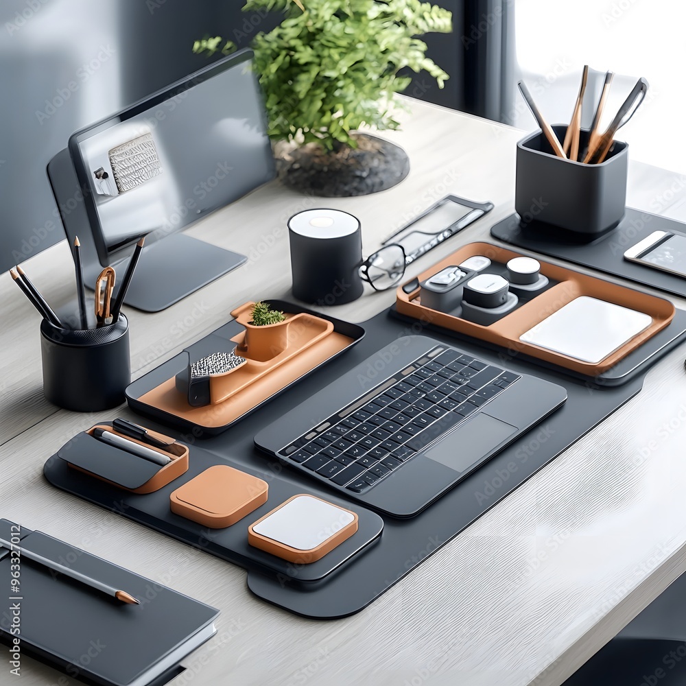 Canvas Prints Minimalist Office Desk with Laptop and Accessories.