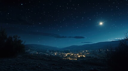 A single shining star in the night sky above a quiet Bethlehem landscape, creating a peaceful, holy atmosphere.