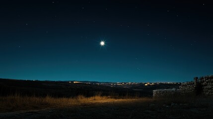 A single shining star in the night sky above a quiet Bethlehem landscape, creating a peaceful, holy atmosphere.