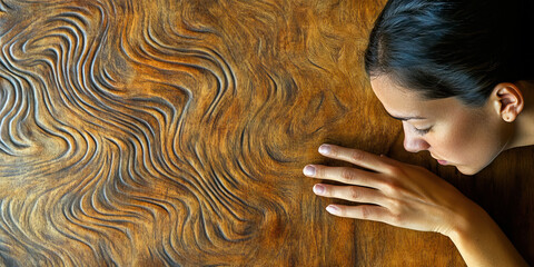 Thoughtful Touch: A woman lost in thought, her fingers lightly tracing patterns on a wooden surface.