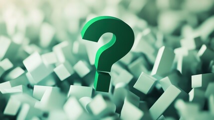 A large green question mark stands out among scattered white signs in a minimalist abstract composition with subtle lighting