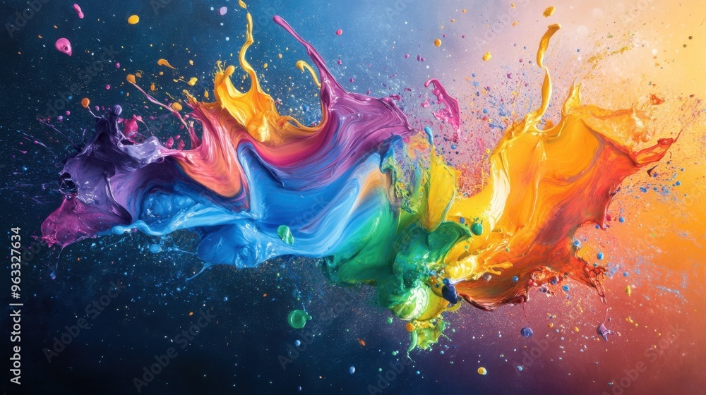 Poster vibrant paint splashes collide and swirl together in midair, creating a striking abstract compositio