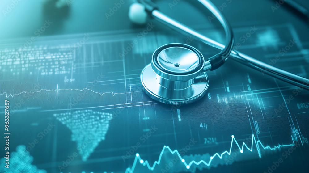 Poster image depicting the analysis of medical data on a screen using a stethoscope in a medical concept