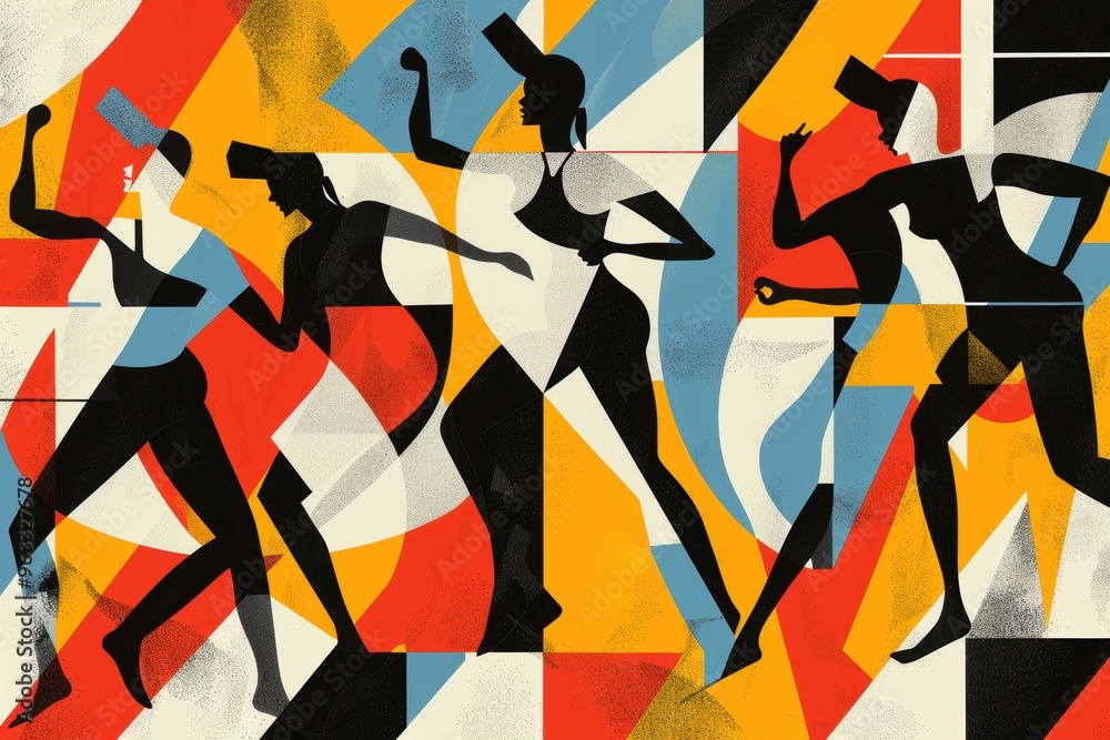 Poster dynamic abstract art featuring stylized figures in vibrant colors, showcasing rhythm and movement th